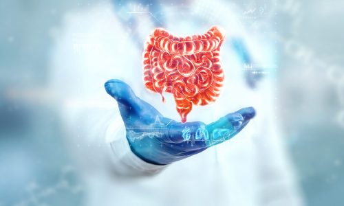 The doctor looks at the hologram of the intestine, checks the test result on the virtual interface and analyzes the data. Ulcer, surgery, innovative technologies, medicine of the future